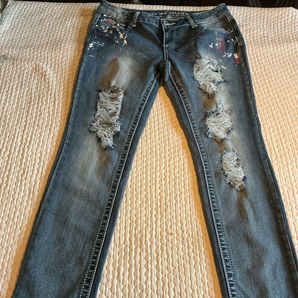 Almost Famous Distressed Blue Skinny Jeans with Paint-Splash Accents